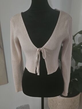 SHEIN Ribbed Tie-Front Crop Cardigan - Light Beige